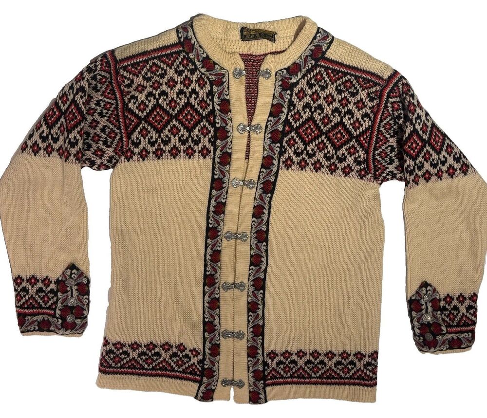 Vintage Norwegian Nordstrikk Wool Fair Isle Cardigan Clasps Unisex M/L